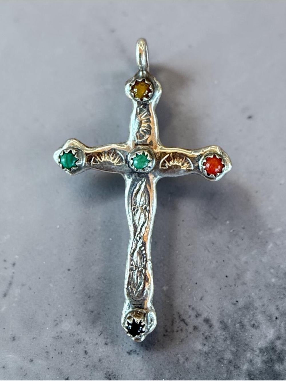 Vintage Sterling Silver Cross Pendant with Multicolor stone Accents
